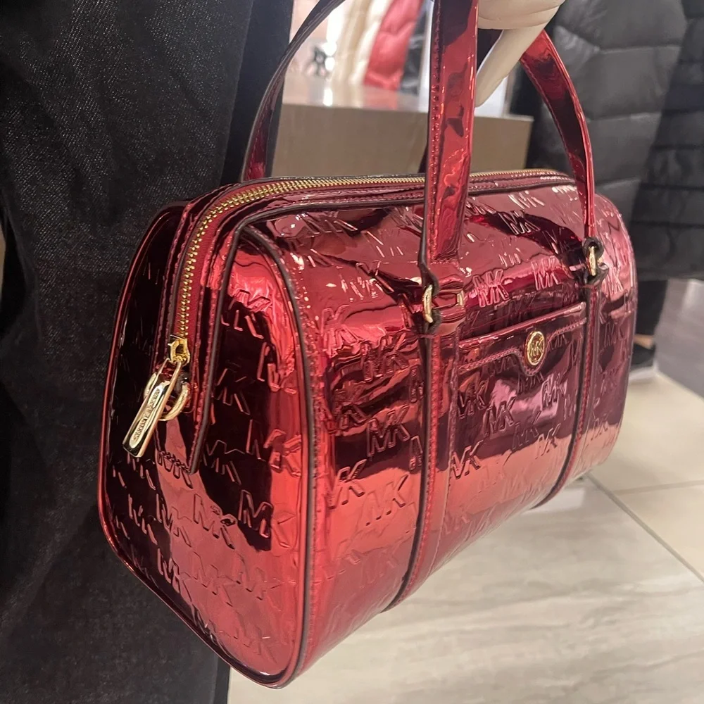 MICHAEL KORS Jet Set Medium Metallic Logo Debossed Satchel Cherry  NWT
